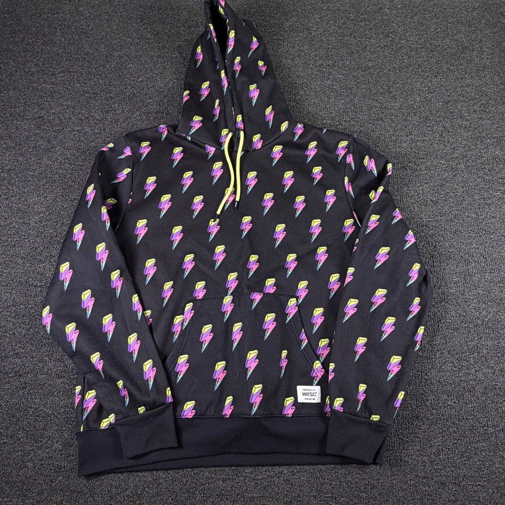 WeSC Hoodie Mens XXL Mike Flash AOP Black Neon Lightning Bolt Pullover EUC